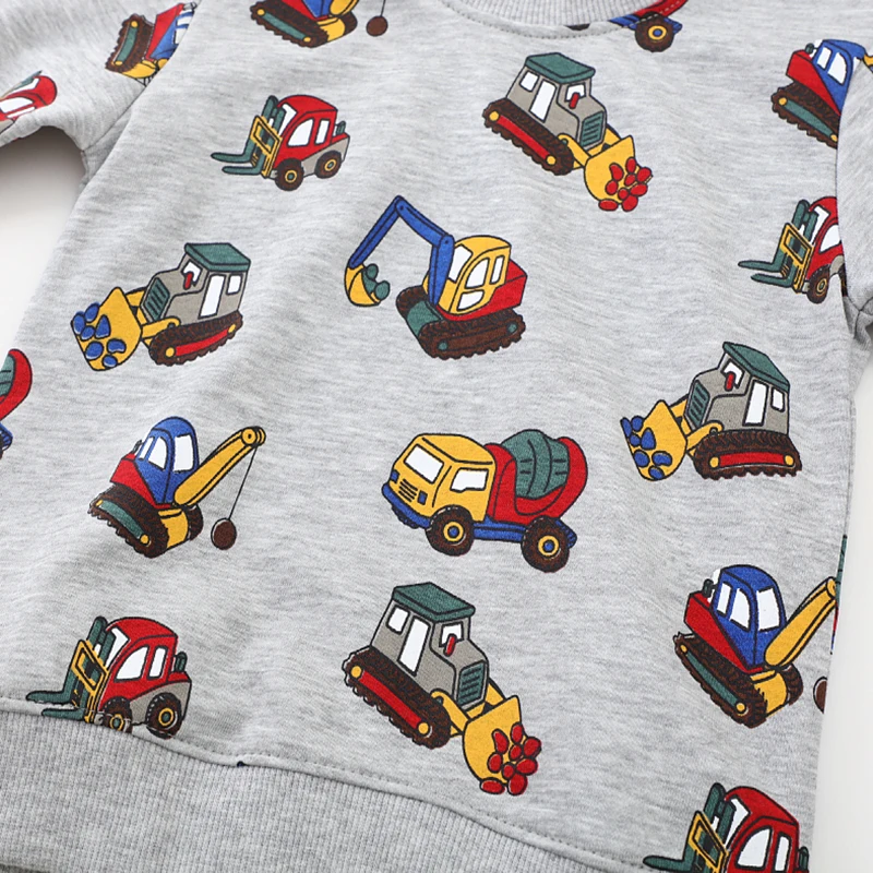 Gray Tops Spring New Hoodie Kids Clothes Baby Boys Autumn Children's Clothing Cartoon Excavators Sweatshirts Cotton