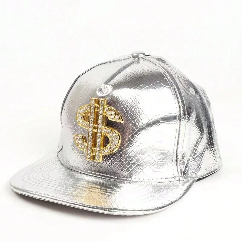 Cool Hippie Flat Brim Baseball Cap, Rhinestone Golden Dollar Sign Punk Trucker Hat, Snapback Hat for Casual Leisure Outdoor Spor 4