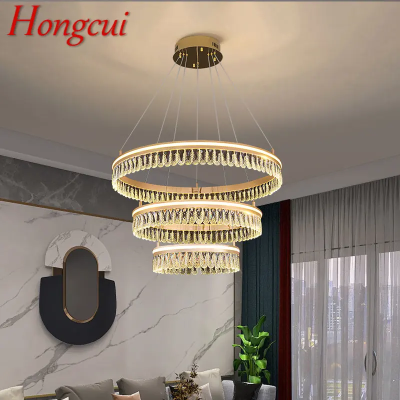 

Hongcui Hanging Crystal Pendant Light Modern Vintage LED Luxury Ring Chandelier Home Decor For Living Room Villa Duplex