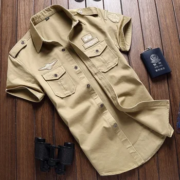 2023 New Mens Military Shirt Men Short Sleeve Cargo Shirts 100% Cotton Casual Solid Shirt Male Pocket Work Shirt 1