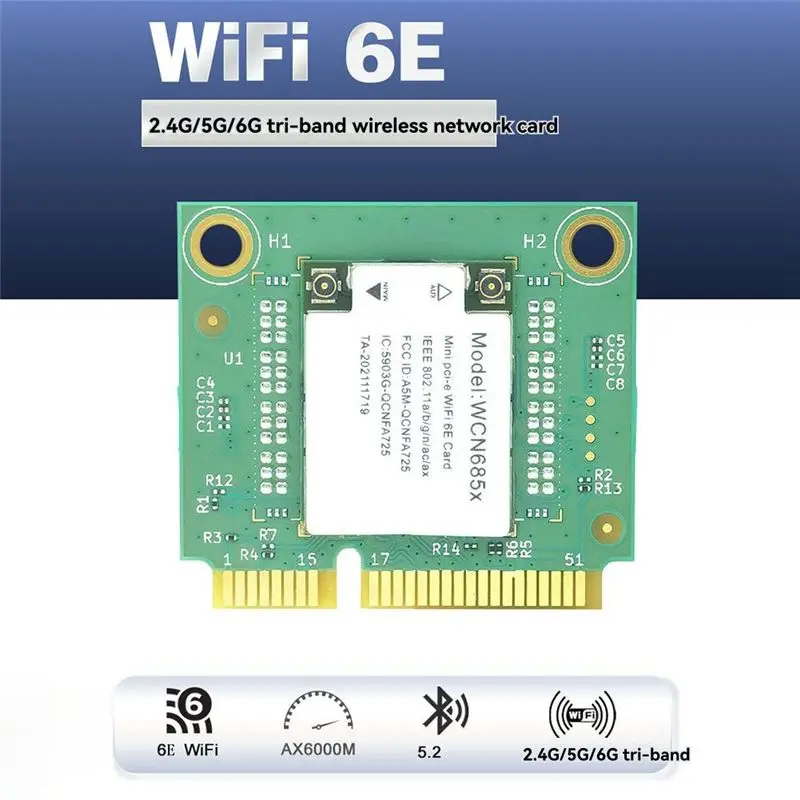AX6000 WIFI 6E NFA725 NFA765 WCN685 미니 PCIE 무선 와이파이 카드(2.4G 5G 6G 지원, 블루투스 5.2 안테나 포함)