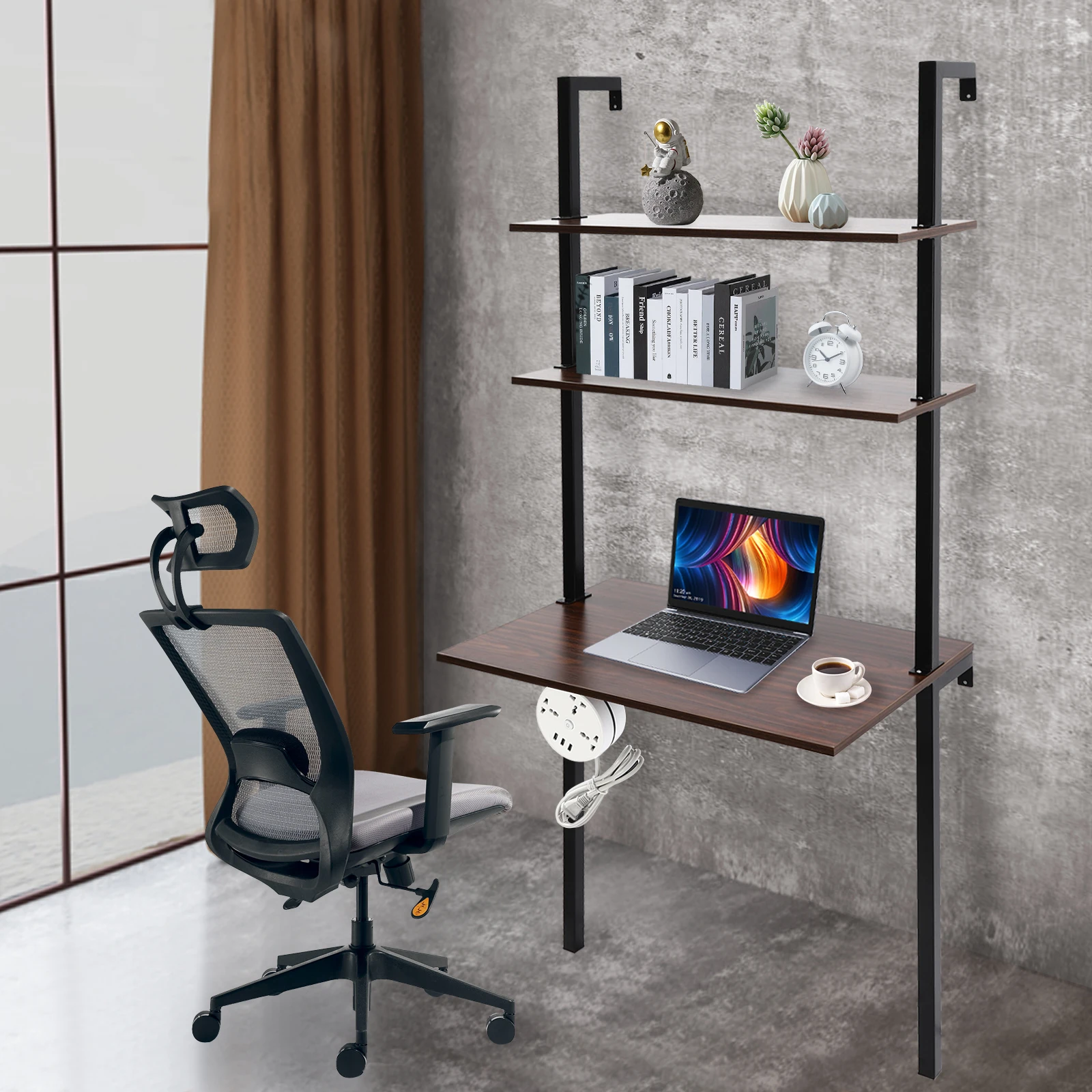 Wall Mount Desk 3 Tiers Computer Writing Table Laptop Industrial Bookcase Floating Pipe Ladder with Shelf for Home Office School 2