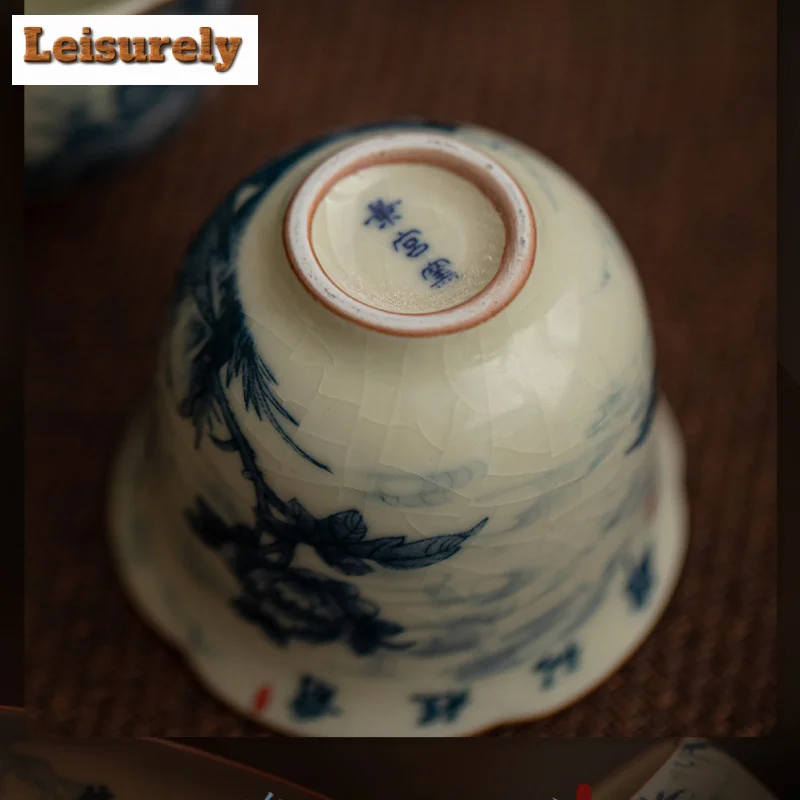 50ml Retro Flower And Bird Ink Ceramic Teacup Ru Kiln Flower Mouth Cup Single Master Cup Personal Tasting Tea Bowl Kungfu Teaset