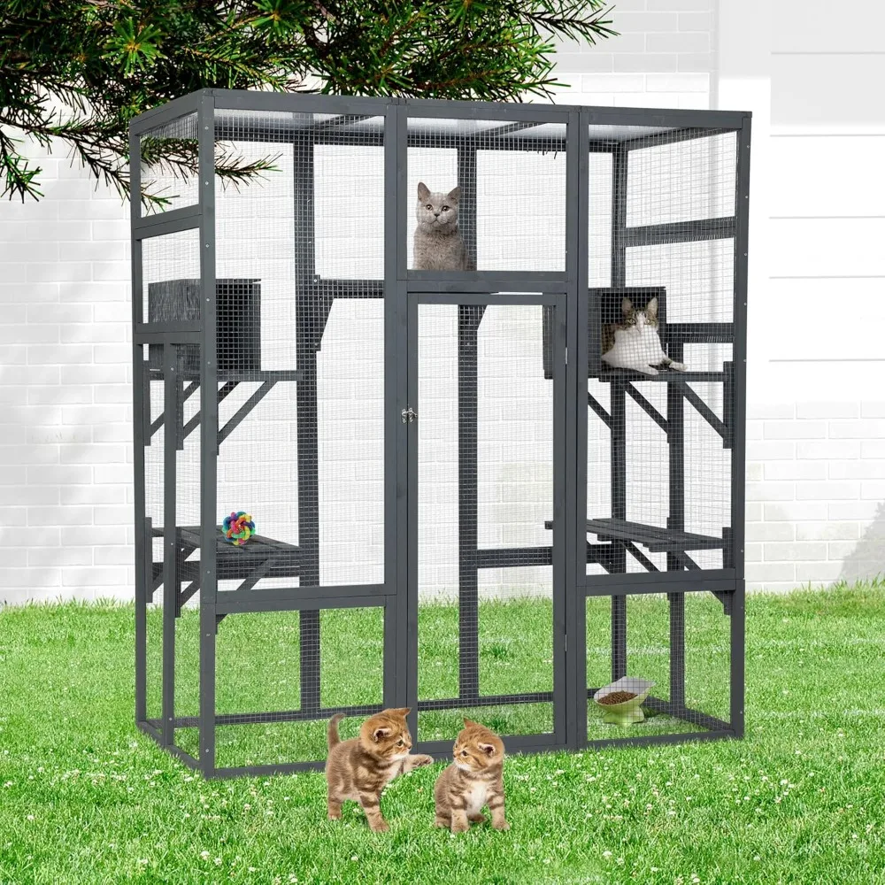 Cat House, Large Wooden Catio Outdoor Cat Enclosure Cage & Run Enclosures Indoor Kitty Window Catio with Waterproof Roof