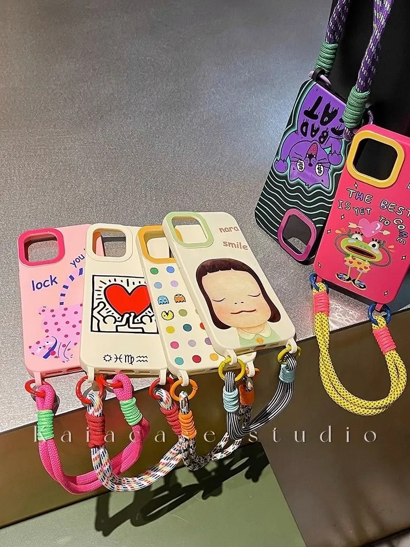 

INS Phone Case for Iphone 11 12 13 14 Pro Max X XS XR Pink Spotted Cat and Cartoon Girls Silicone Phone Cover with Chain