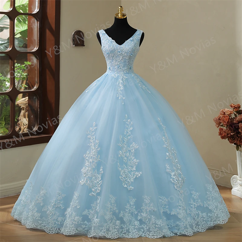 New V Neck Purple Quinceanera Dresses Sweet Flowers For Party Lace Ball Gown Fashion Classic Vestidos Color Plus Size