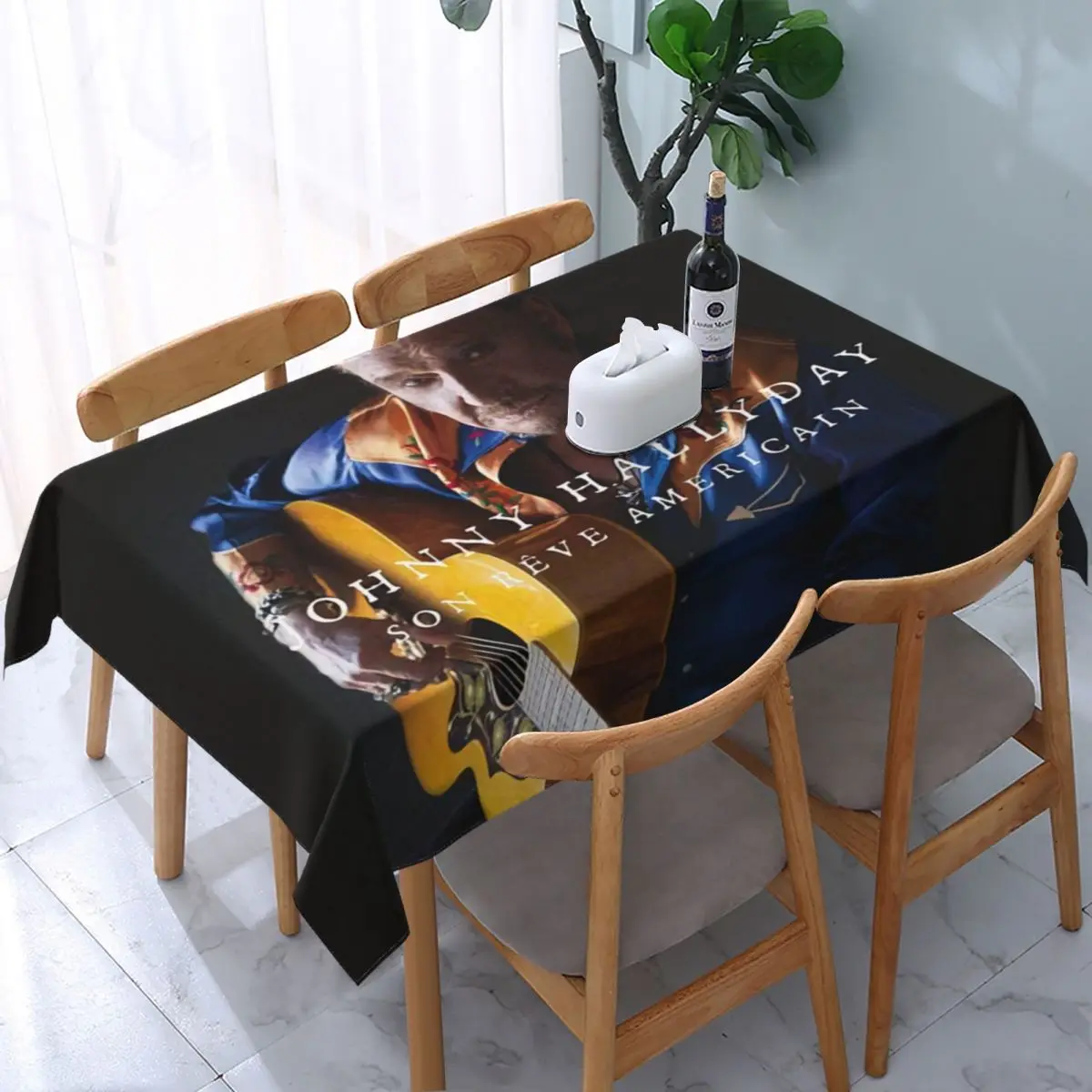 

Rectangular Johnny Hallyday Son Reve Americain Table Cover Fitted French Rock Singer Table Cloth Backing Tablecloth for Dining