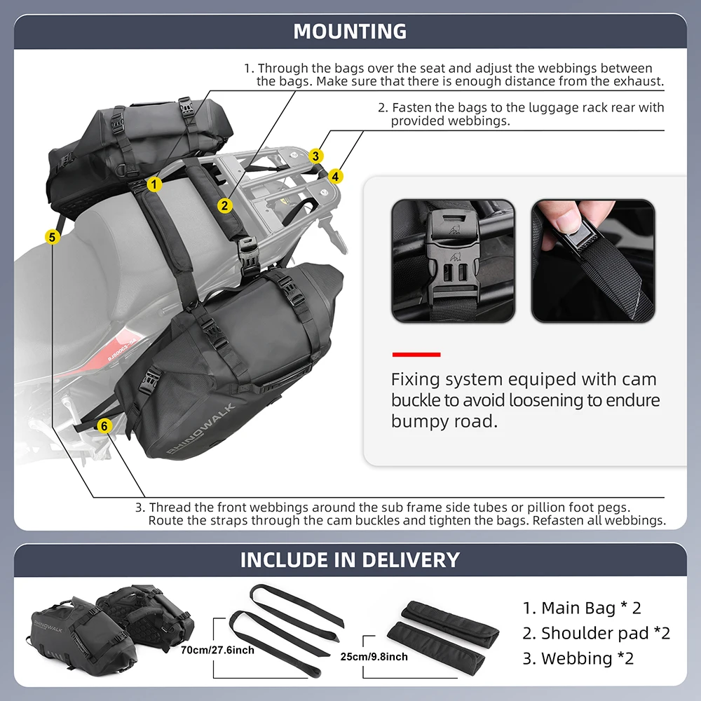 Rhinowalk Motorcycle Saddle Bag 48L/28L/18L Waterproof 2 Pieces MotorBike Side Back Seat Pannier Bag Travel Dry Luggage