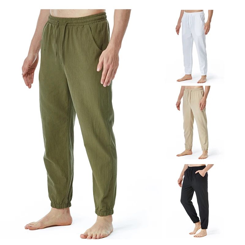 

Summer Men's Cotton Linen Drawstring Elastic Waist Leisure Jogging Yoga Pants Thin Soft Loose Casual Sports Trousers Breathable