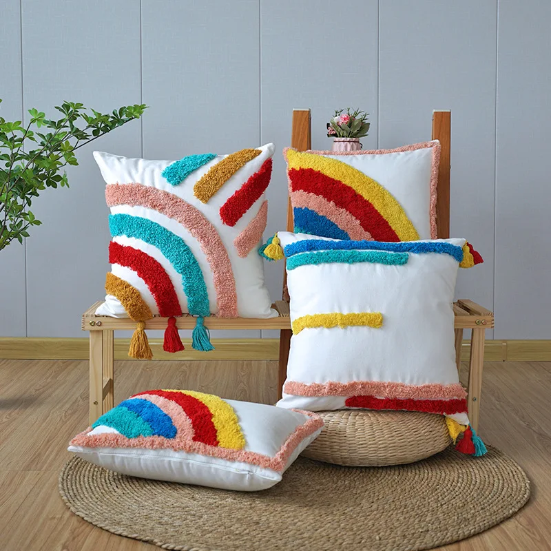 

Throw Pillow Cover Wind Rainbow Plush Office Car Sofa Cushion Cover Headrest Pillow Cover Waist Pillow Case