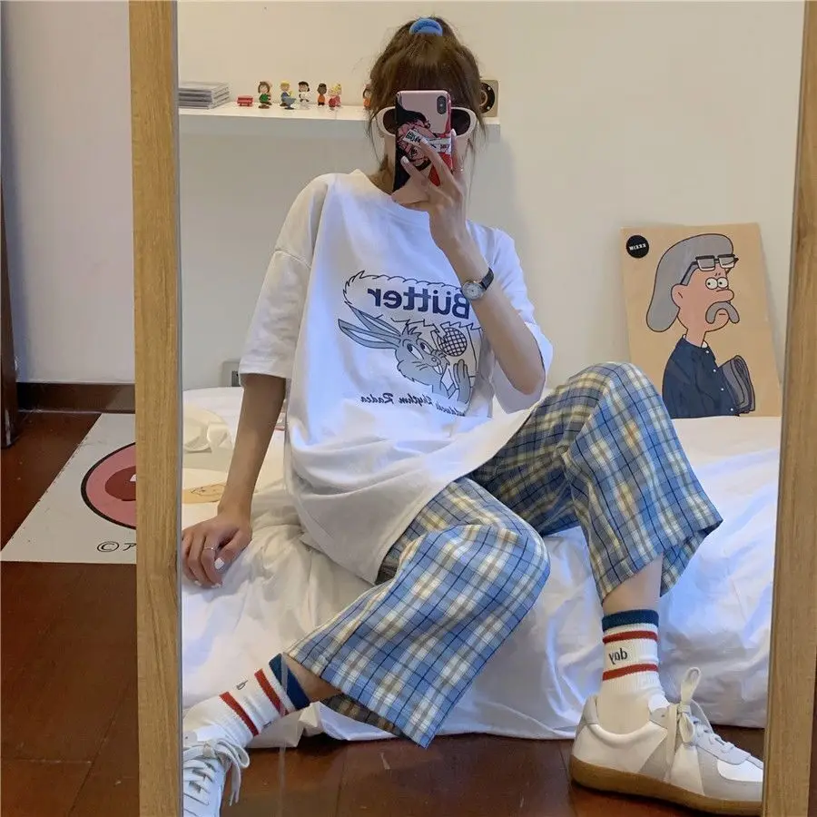 Spring New Plaid Sports Casual Straight Pants Women's Korean Version Loose Wide Leg Pants Trend 6
