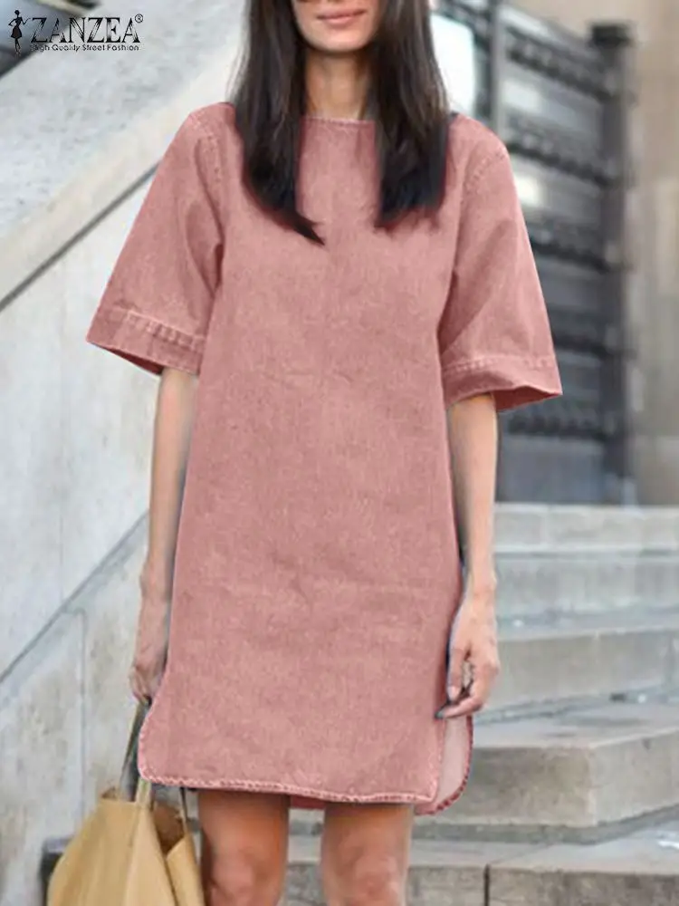 

Fashion Korean Robe ZANZEA Women Denim Short Dresses Short Sleeve Simple 2024 Summer Solid Mini Sundress Casual Round Neck Dress