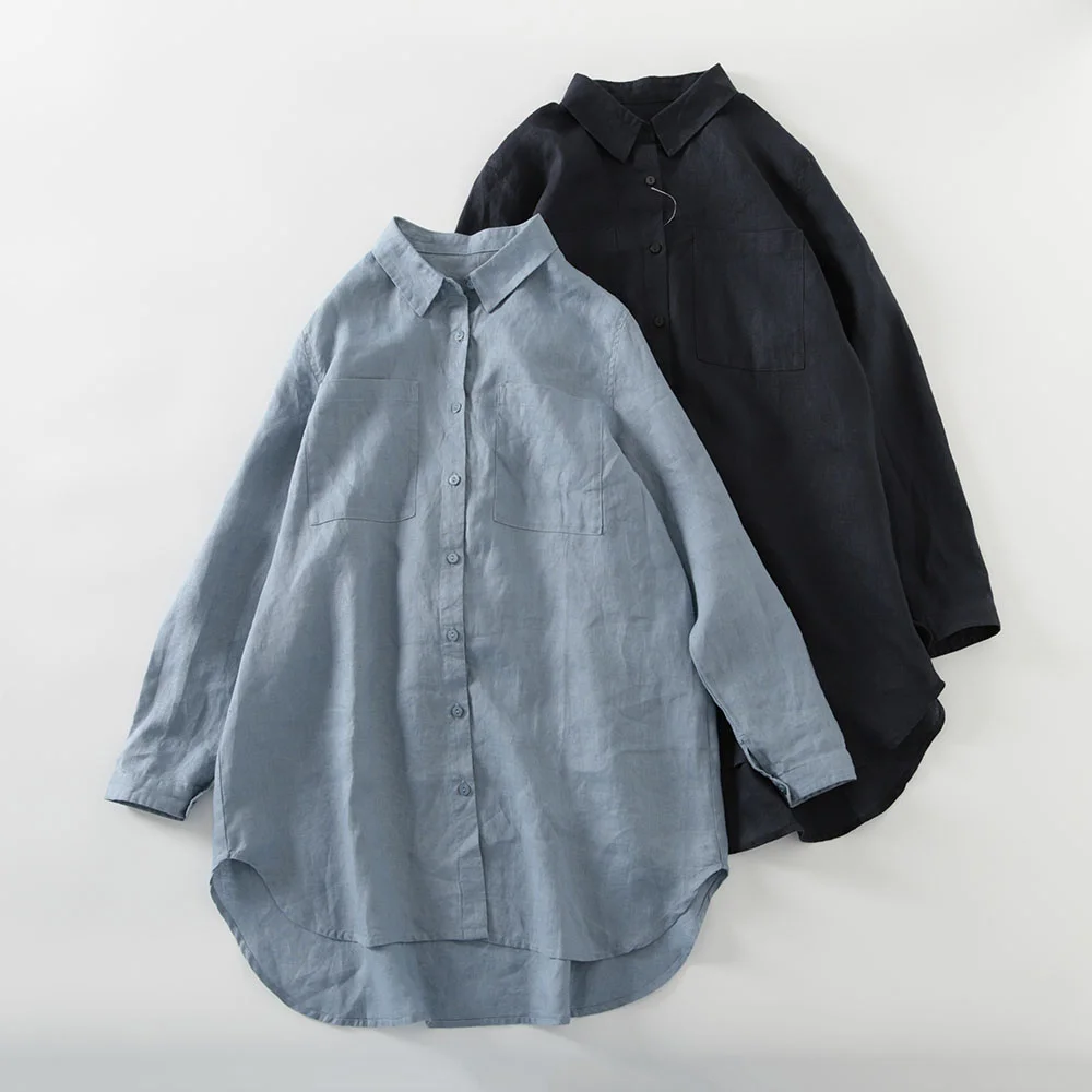 

Рубашка женская из чистого льна с длинным рукавом, большие свободные тонкие блузки средней длины, весна-осень 989