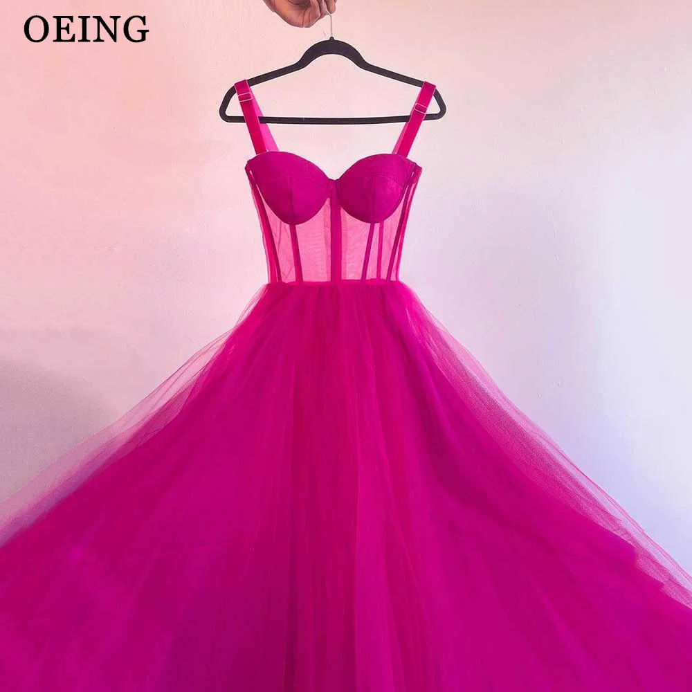 

OEING Elegant Fucsia Lavender Prom Dresses Simple Sweetheart Spaghetti Strap Tea Length Evening Dress For Wedding Party Vestidos