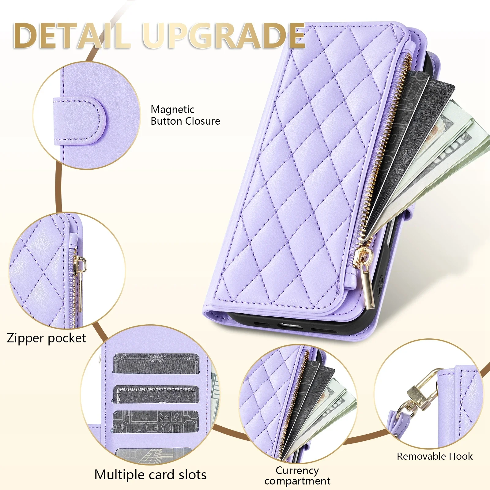 Compact Fragrance Zipper Card Slot Stand Magnetic Flip Leather Wallet Case Cover