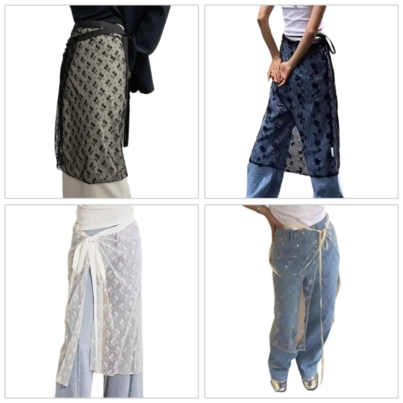 

Korean Style See Through Sequins Flower Lace Long Skirt for Women Self Tie Up Sheer Hip Wrap Covering Apron Skirt Scarf