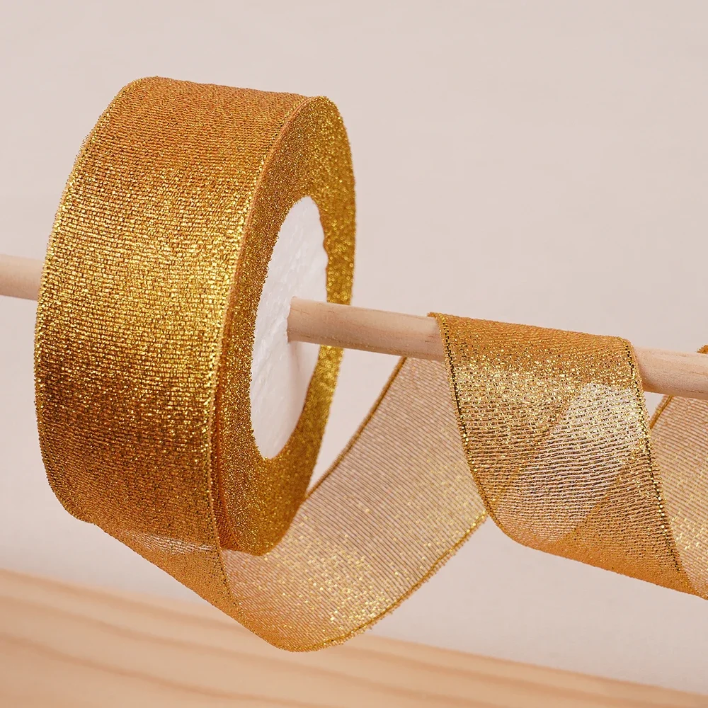 Gold Silver & Pink Blue Glitter Metallic Ribbon for Holiday & Party Decorations - 40mm Wide
