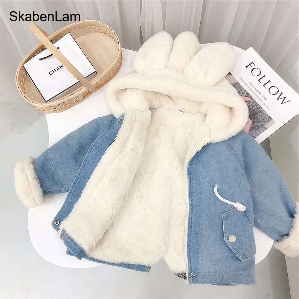 Jacket for Girls Boy Children's Denim Jackets Warm Fur Cowboy Coat Baby Rabbit Ear Hooded Velvet Outerwear Kids Winter Clothes