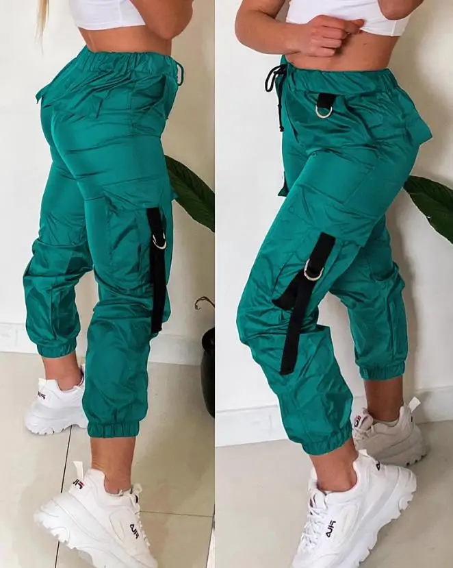 Women's Versatile Long Pants Tape Patch Pocket Design Cuffed Pants 2024 Latest Casual Contrast Paneled Drawstring Daily Pants