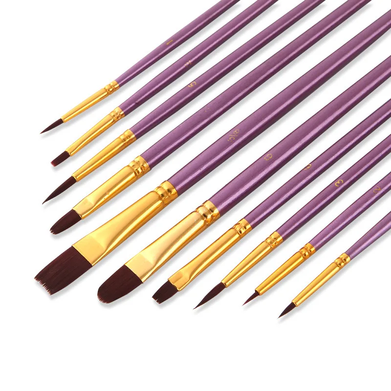 10 Pinceaux Peinture Acrylique En Nylon - Tailles Variées, Poignée Lisse, Pour Artistes Et Débutants
