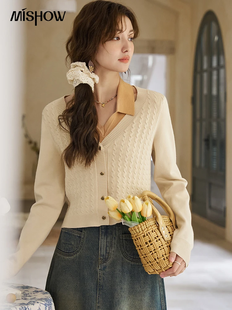 

MISHOW College Knitted Cardigan Coat Two Piece Set Separately for Women Spring 2024 Polo Neck Hanging Neck Vest Tops MXD12Z0413