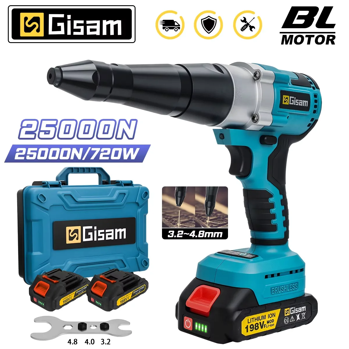 GISAM Rebitador Elétrico Brushless 25000N, rebitador de porcas sem fio para inserção em furadeira, ferramenta de rebite automática compatível com pino de bateria Makita 18V