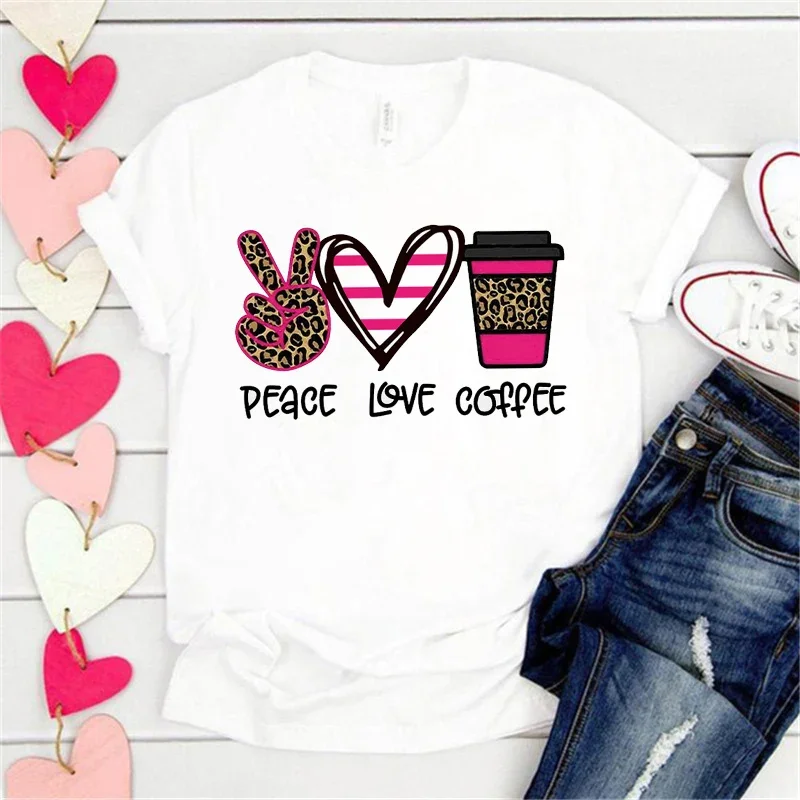 

Valentine's T-shirt Graphic Printed T Shirt Women Short Sleeve Peace Love Coffee Leopard Tshirt Day Heart Tee Y2k Clothes