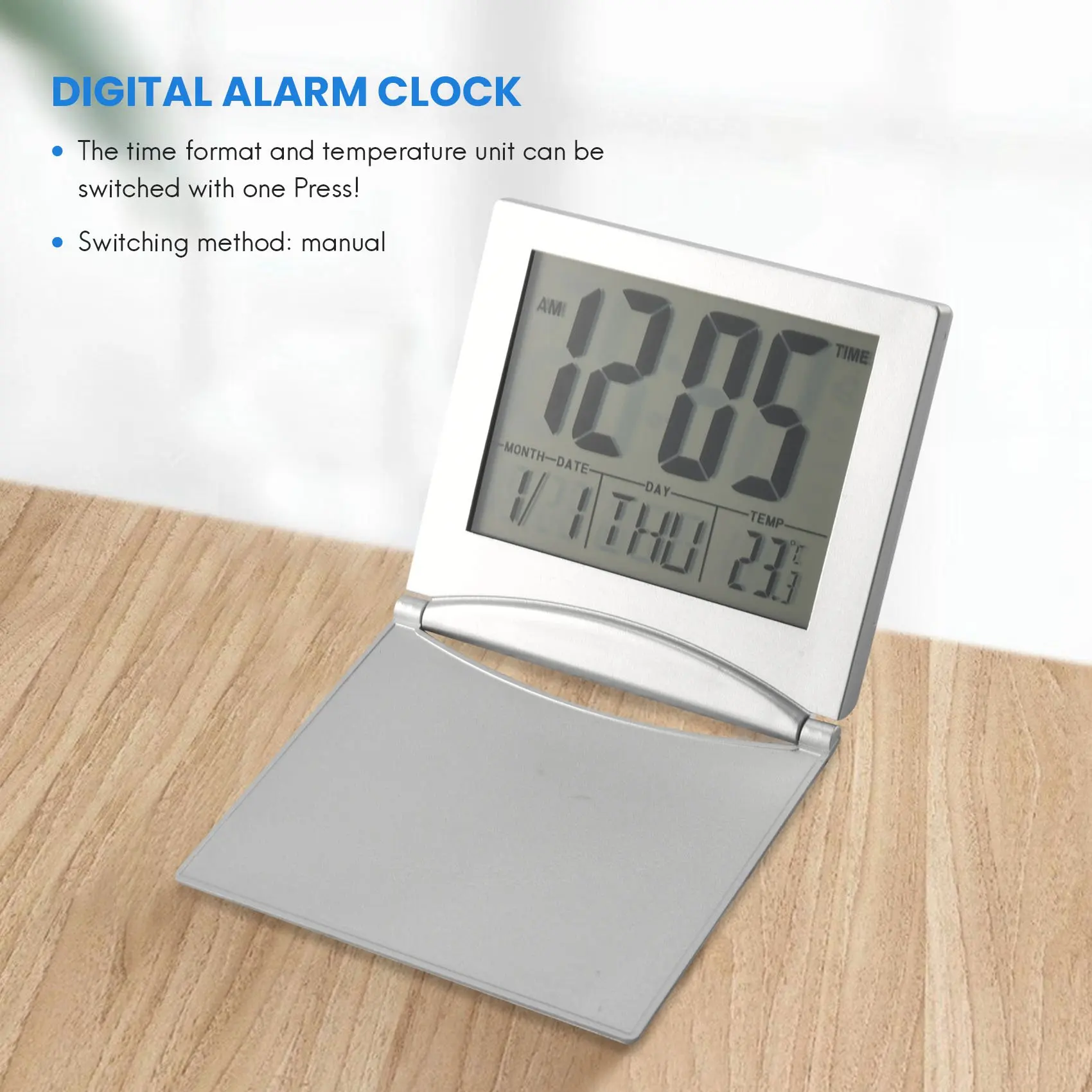 Mini relógio despertador de viagem, digital display lcd mesa dobrável relógios com snooze backlight temperatura data temporizador 12/24hr