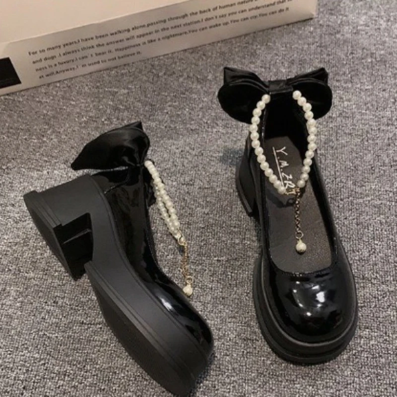 New Vintage High Heels Mary Jane Shoes for Women Patent Leather Platform Pumps Woman Pearls Chain Thick-Heeled Shoes Female