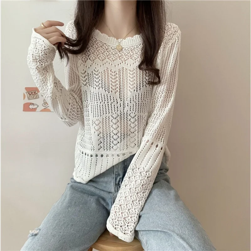 

Spring and Summer Casual Hollow Crocheted Sweater Long-sleeved Top Women's Retro Japanese Style Sweet Design Niche Knitwear