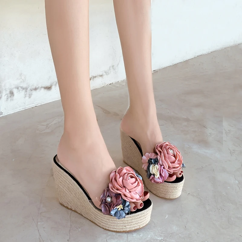 

Sandals Women 2022 Summer Pink Flower Bohemian Linen Weaving Wedges Shoes Grey Platforms Slippers 12cm High Heels Femmes