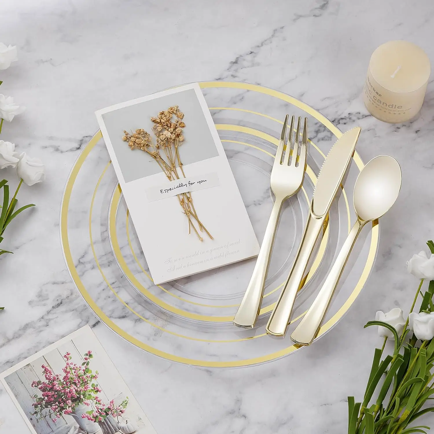 600PCS Plastic Dinnerware Set (100 Guests), Clear Gold Disposable Plates for Party, Wedding, Anniversary Includes: Dinner Plates