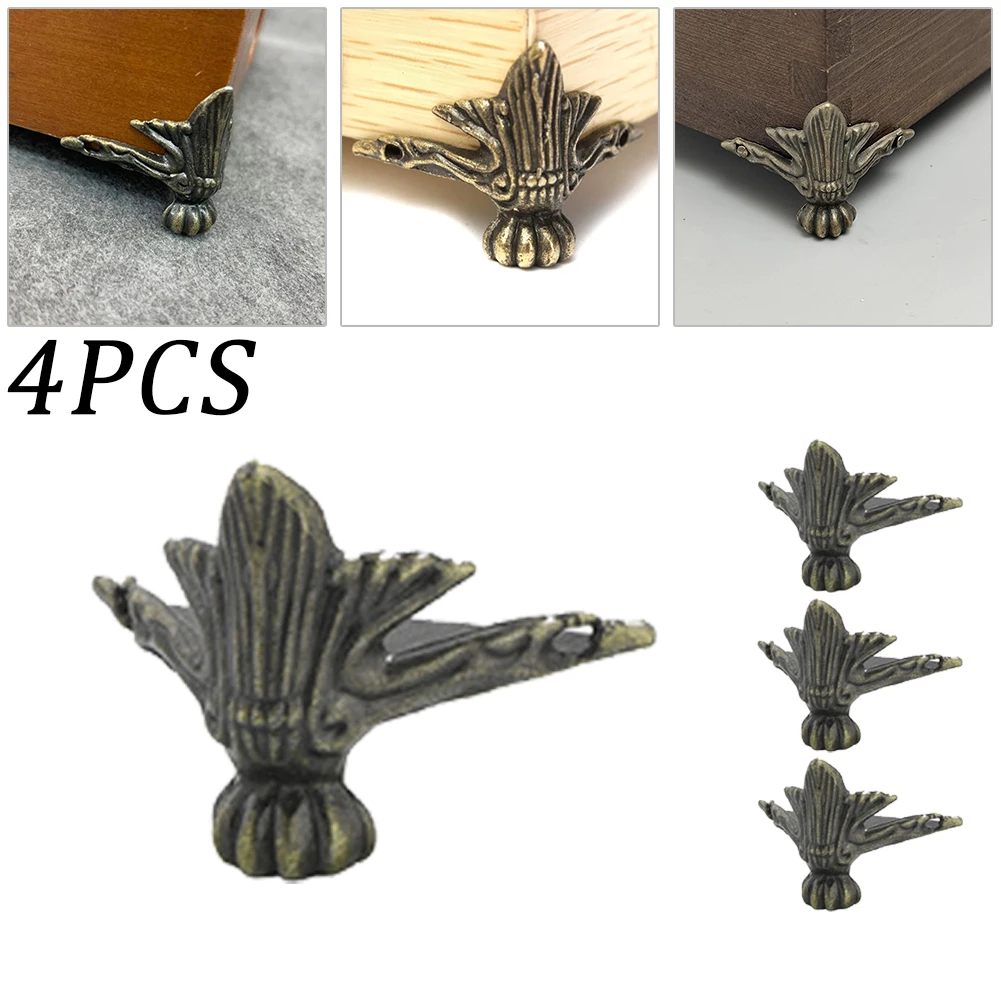 Furniture Corner Protector 4PCS Antique Corner Protector Brass Jewelry Chest Box Wooden Case Decorative Feet Leg Metal Corner Protector Hardware Bracket