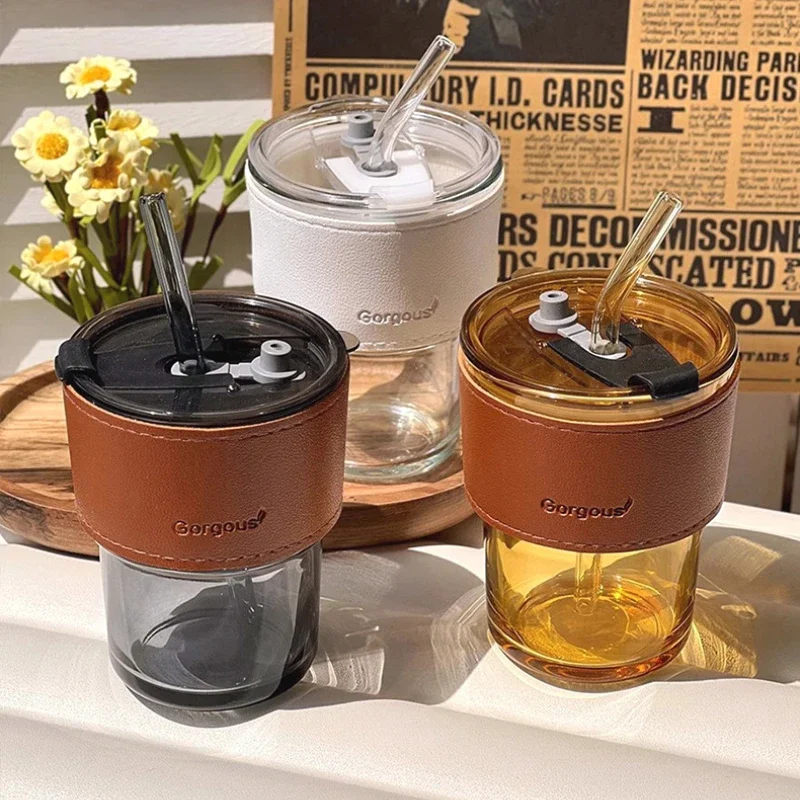 Creative 400ml Double-Mouth Glass Water Bottle with Lid and Straw