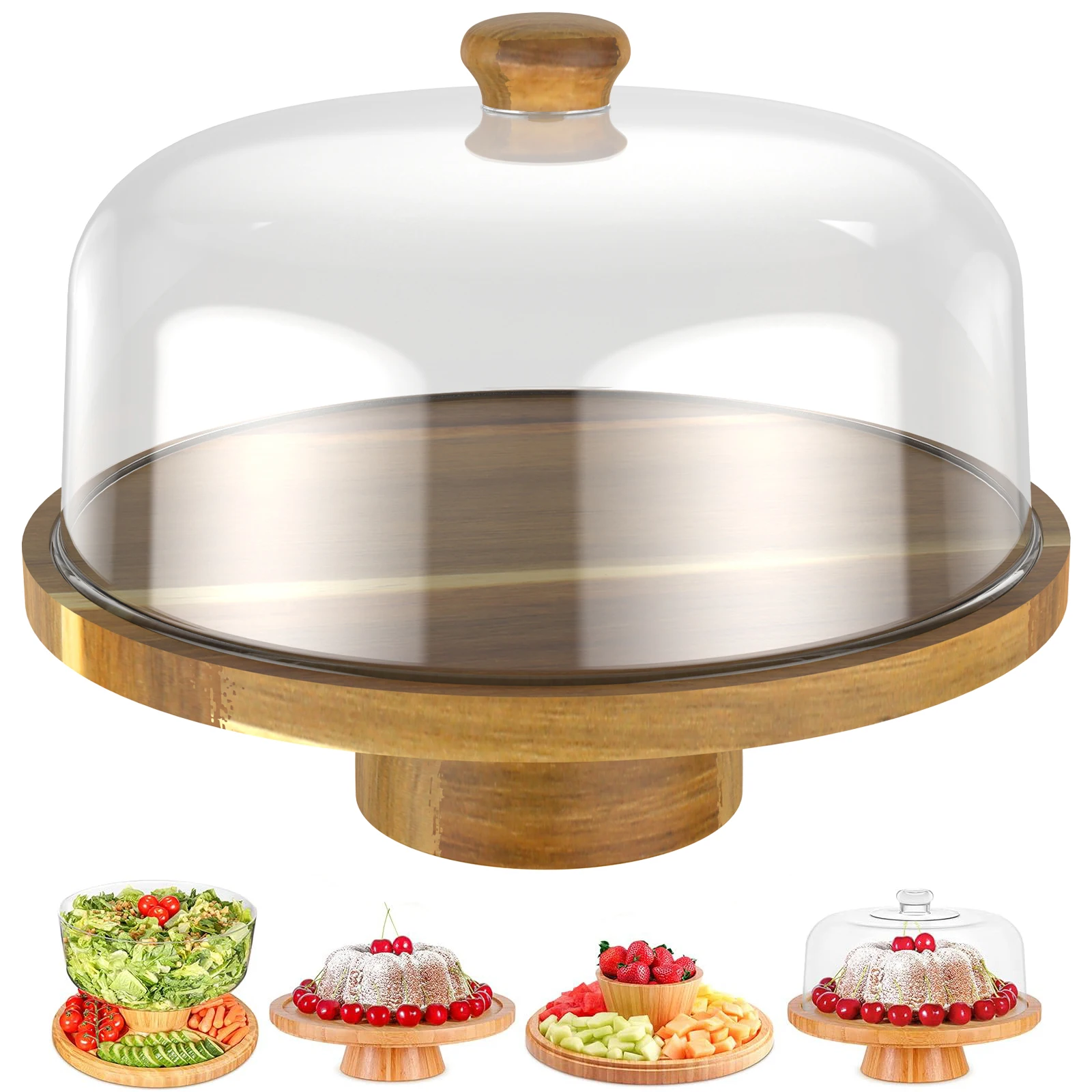 Alzata Girevole Per Torte HEFTMAN Con Coperchio A Cupola In Acrilico, Base In Legno Di Acacia 25,4 Cm, Antiscivolo, Per Dolci, Formaggi E Buffet - 3