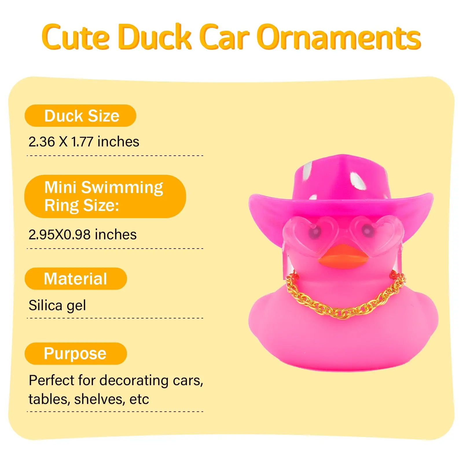 Car Cowboy Rubber Ducks, Dashboard Decorations Pink Duck for Car Ornament Accessories with Hat Heart Glasses Chain, Pink 2