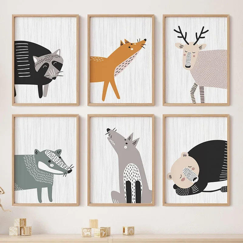 

Bear Fox Deer Raccoon Cartoon Animal Nursery Wall Art Posters And Prints Canvas Painting Pictures For Baby Kids Room Home Decor