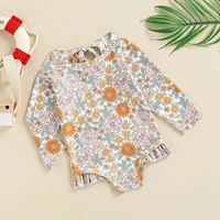Baby Swimsuit Cute Summer Infant Baby Girls Swimwear Heart/ Flower Print Long Sleeve Ruffle Bathing Suit Children Beach Wear 4