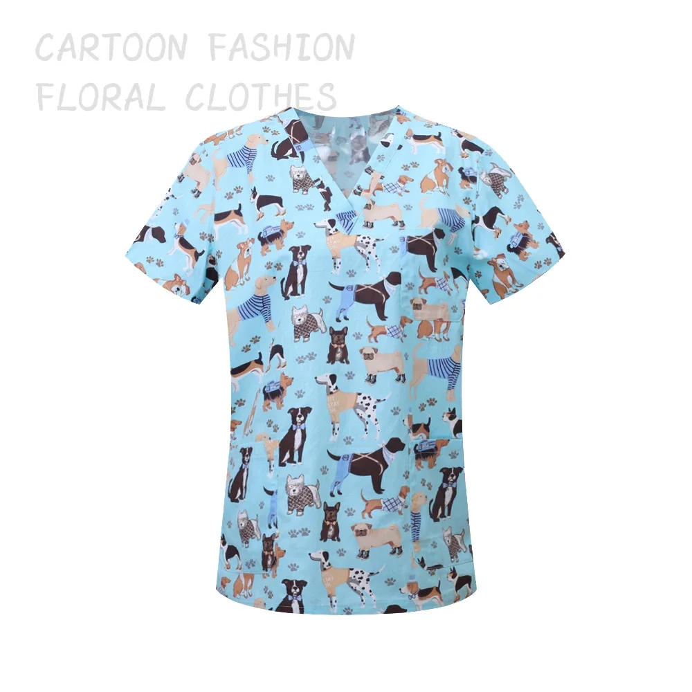 Medical Scrubs Cotton Cartoon Print Nurse Uniform Laboratory Pet Shop Overalls Tops