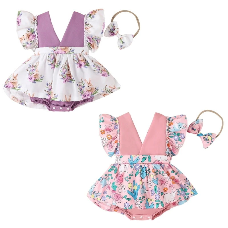 

Infant Jumpsuits & Bowknot Headband Baby Easter Romper 0-24M Newborn Coveralls Summer Clothing Baby Girls Print Bodysuit