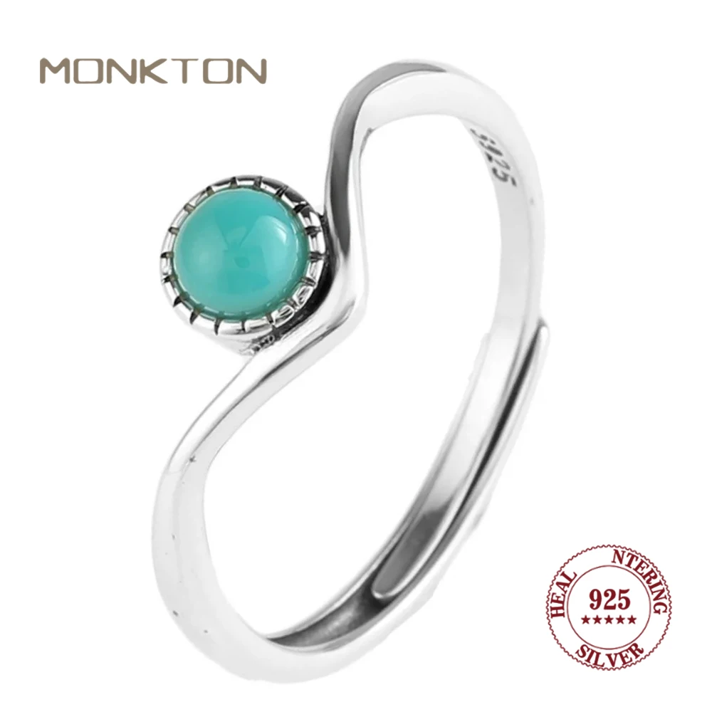 

Monkton V Shaped 925 Sterling Silver Rings for Women Big Gemstone South Red Agate Green Turquoise Open Ring Retro Fine Jewelry