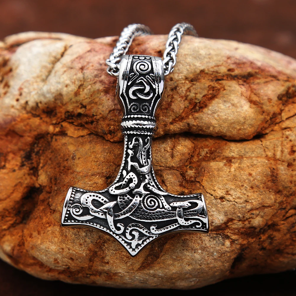 Nordic Thor Hammer Necklace Silver Color Stainless Steel Celtic Mjolnir Pendant Necklace Men's Lucky Amulet Jewelry Accessories