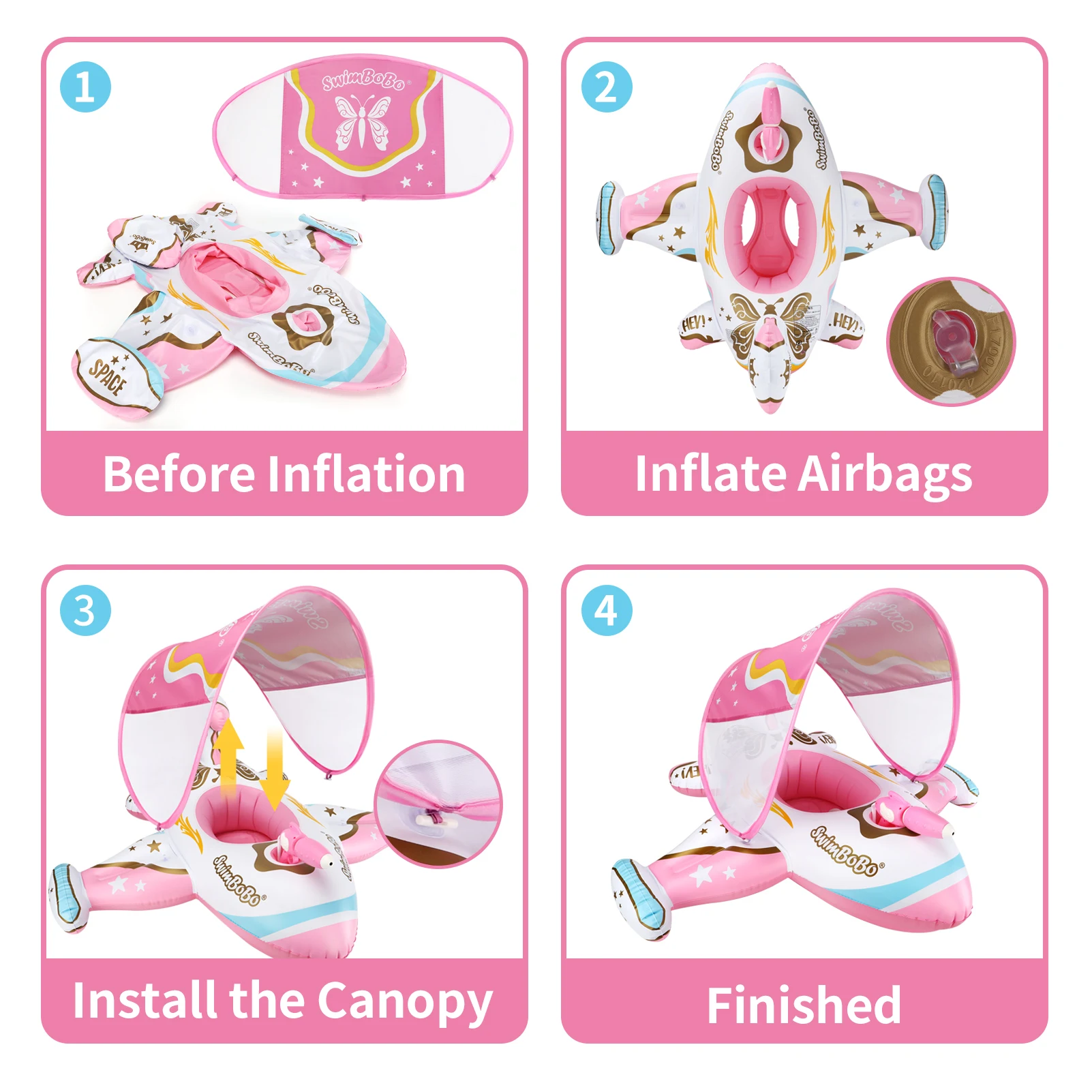Swimbobo Pink Outdoor Summer Water Gun Play Plane Inflatable Kids Seat Float Baby Swim Ring for Children With Canopy 6