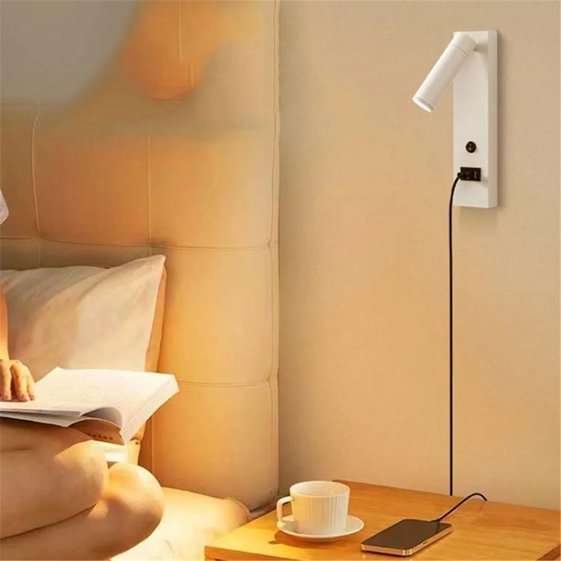 Modern LED Wall Light with Type C USB Charging Ports, Adjustable Wall Sconce with Switch and 2 USB Port for Bedside Living Room