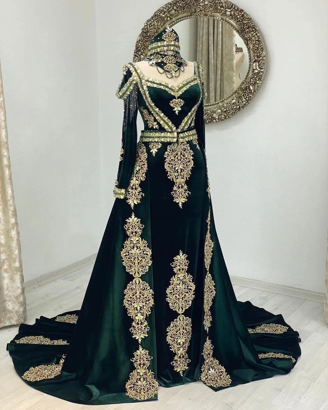 

Moroccan Evening Dress With Crystal Elegant Emerald Green Mermaid Prom Dresses With Detachable Train Abaya Formal Party Gowns