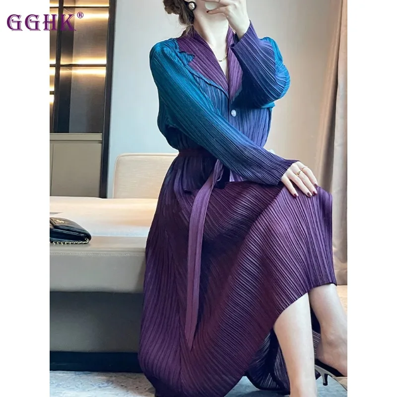 

GGHK Miyake Pleated Women Casual Evening Party Dress Single Breasted Belts Gradient Color Loose Plus Size Design Dresses