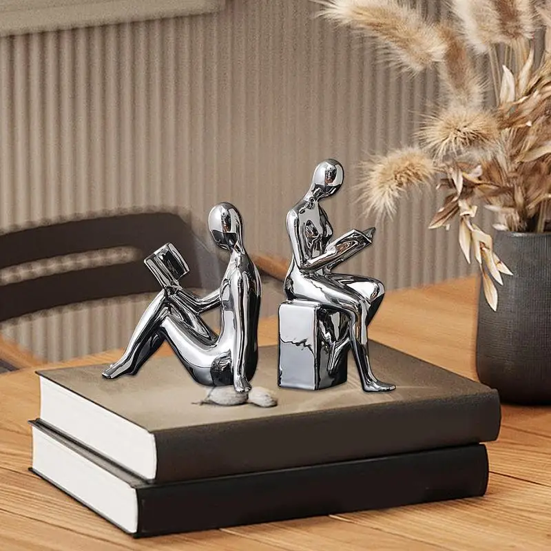 Heavy Book Ends For Shelves 2X Abstract Statue Design Book Stopper Anti-Slip Ceramic Books Storage For Bookcase Kitchen Cookbook 3