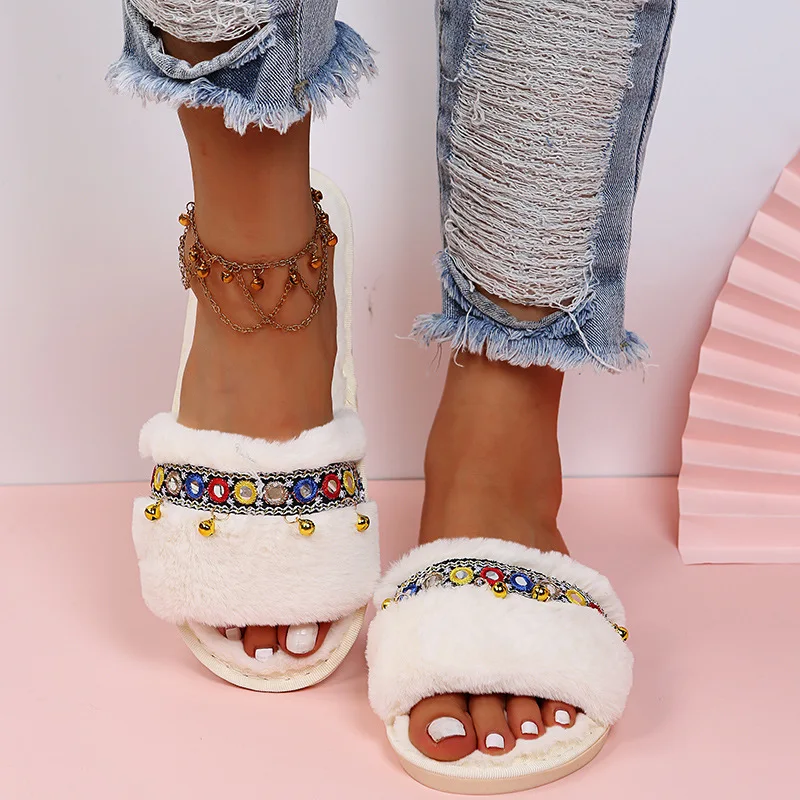 2025 Stylish Embroidery Decor Slides for Women Fluffy Soft Bottom Flat Slippers Woman Indoor Non Slip Weightlight Sandals Female