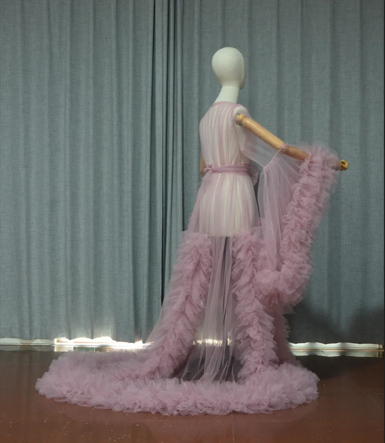 Sweet Girl Vintage Tulle Robe Perspective Sheer Tulle See Through Long Pink Dressing Gowns Fluffy Maternity Dress Photoshoot 5