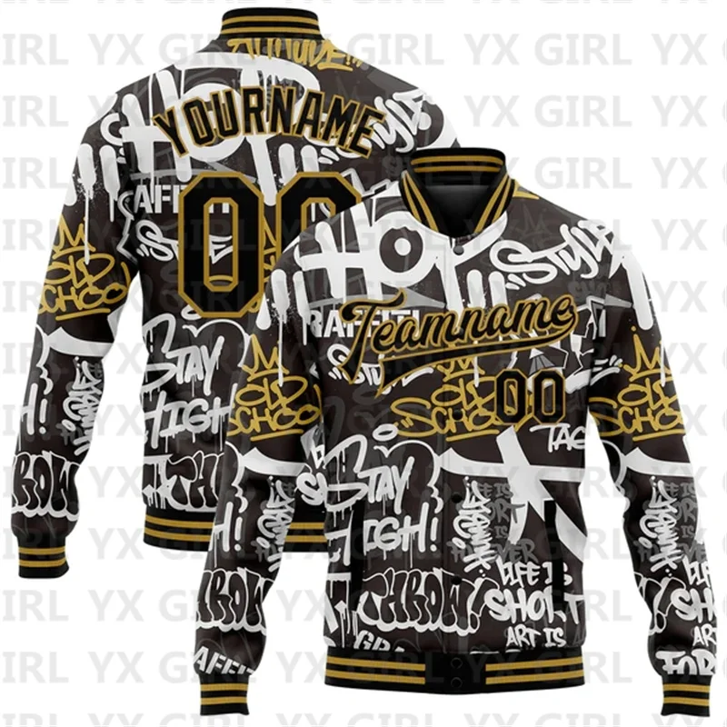 

Custom Graffiti Pattern Black-Old Gold Grunge Urban Street And Old School Art 3D Bomber Full-Snap Varsity Letterman Jacket